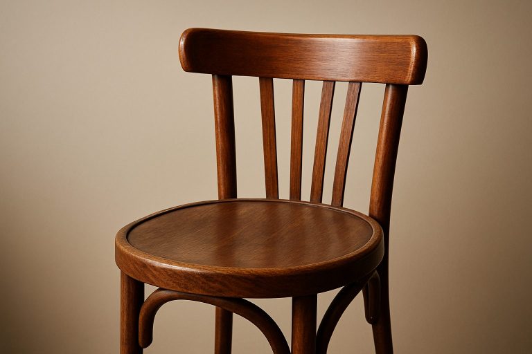 A close-up view of a wooden chair, highlighting its stylish design and craftsmanship.